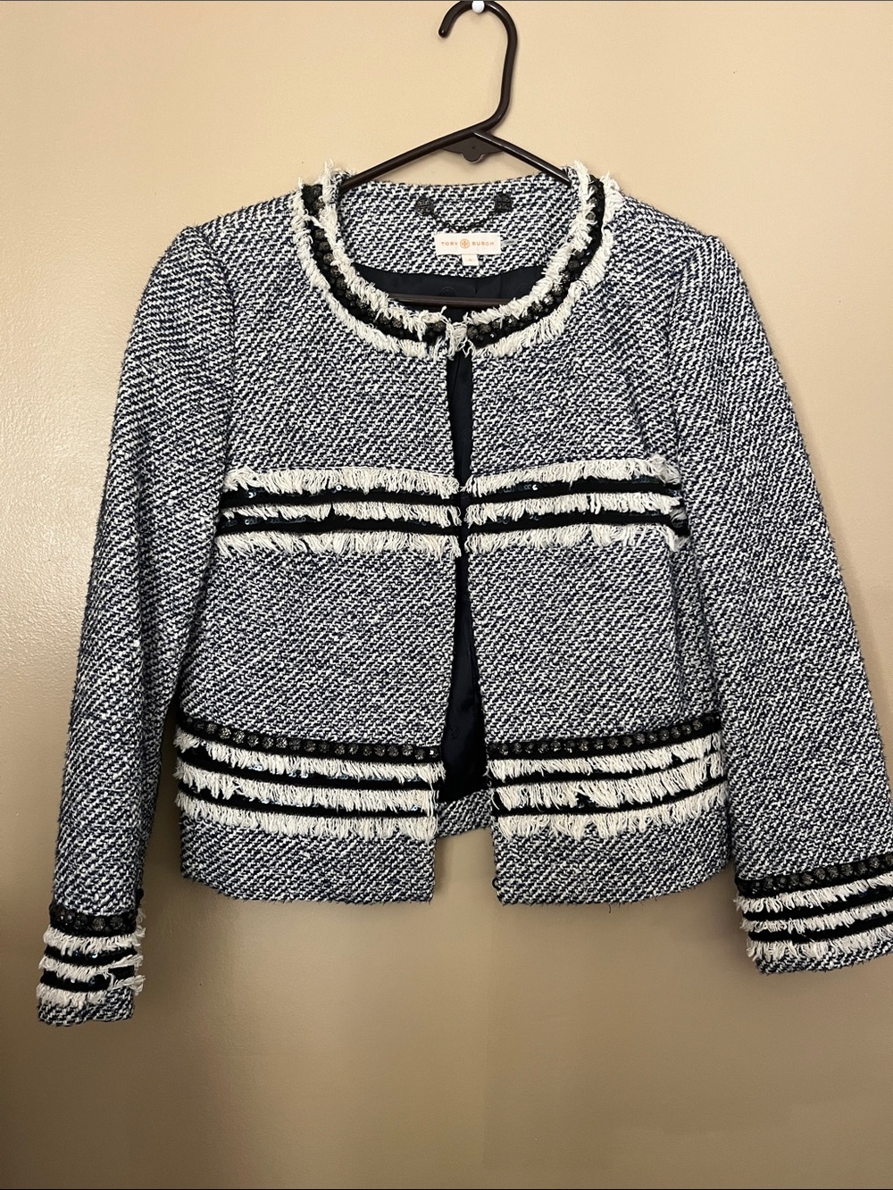 Tory Burch Navy & White Tweed Fringe-Trim Jacket
